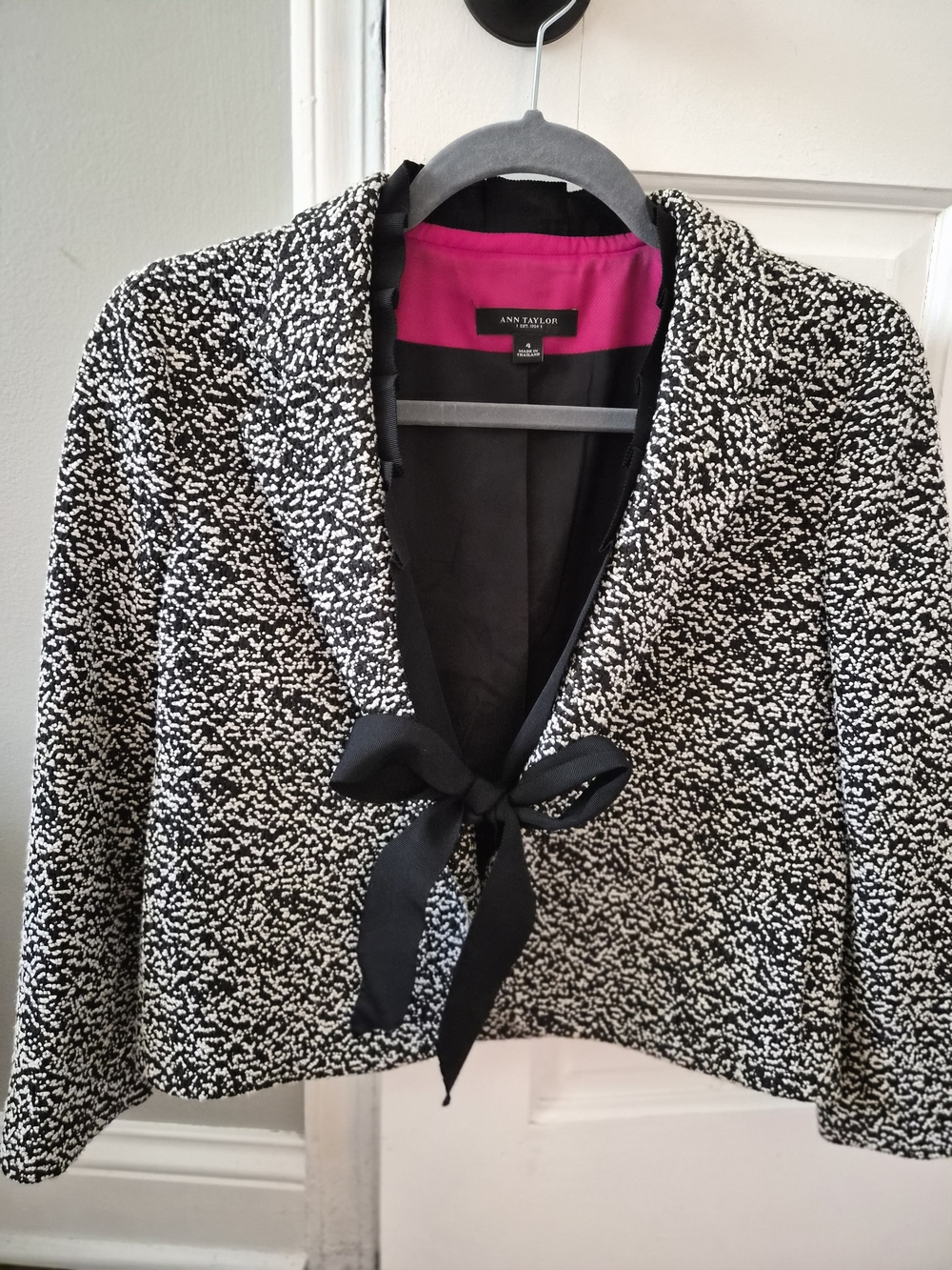 Ann Taylor Black and White Cropped Tie-Front Blazer with Hot Pink Lining